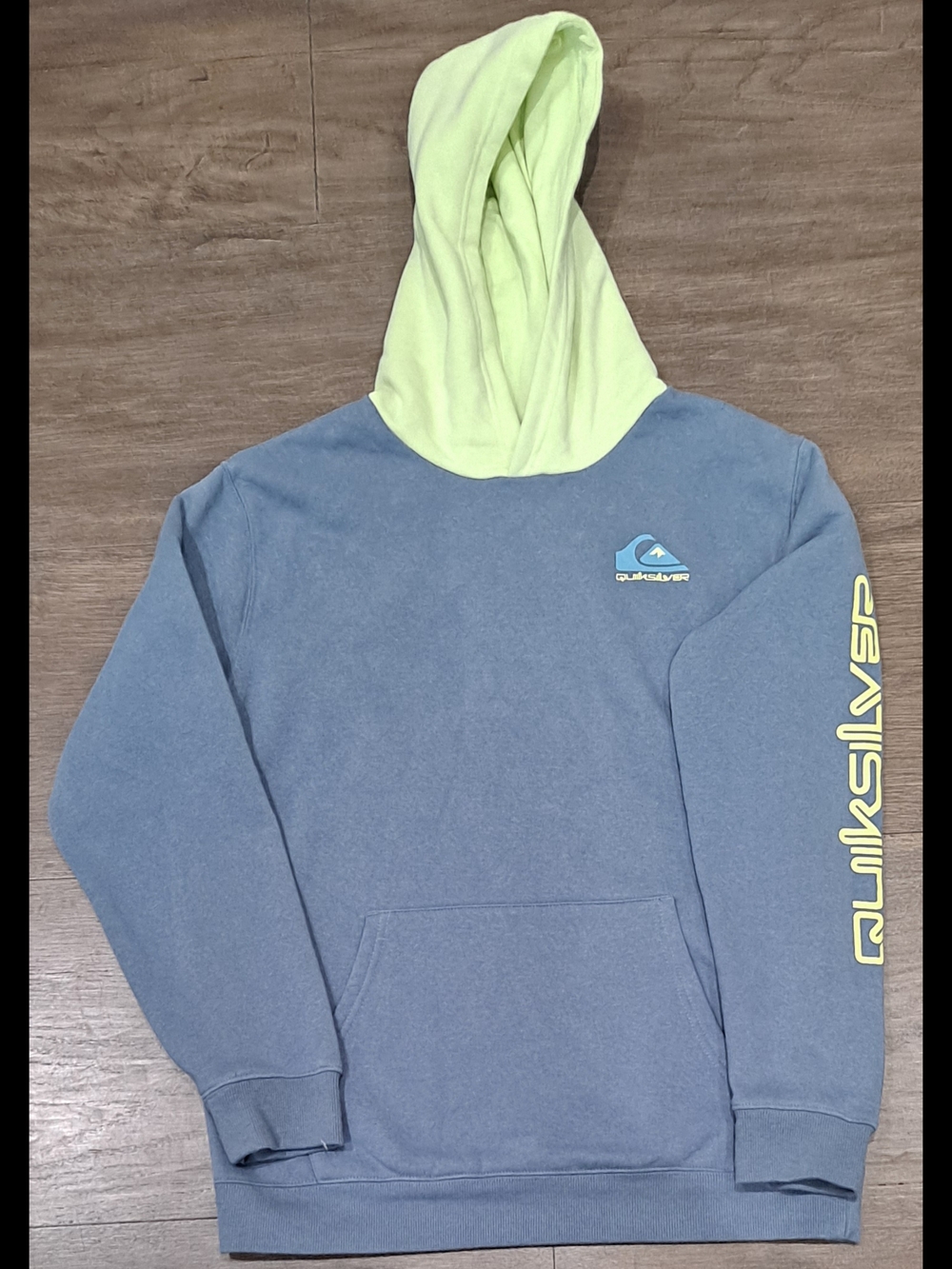 QUICKSILVER Two-Tone Hoodie — Slate Blue with Neon Lime Hood XL